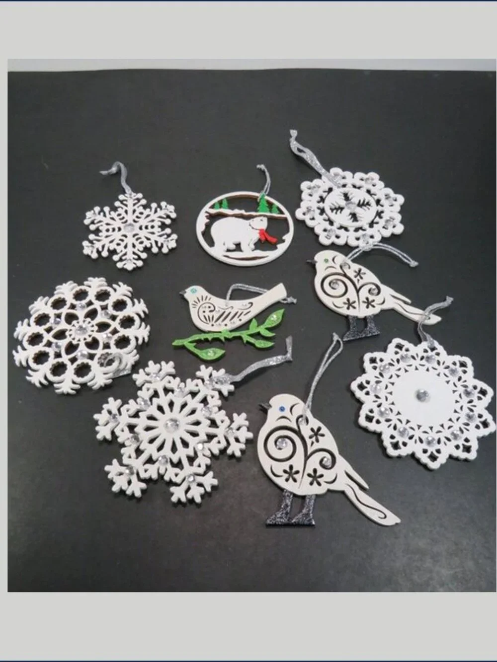 White Wood Winter Ornaments Lot 9 Polar Bear Birds Snowflake Rhinestone